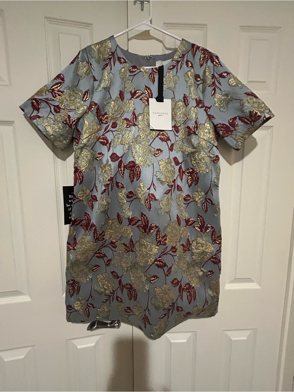 Pomander Place Pale Blue Shift Dress with Gold and Burgundy Floral Brocade